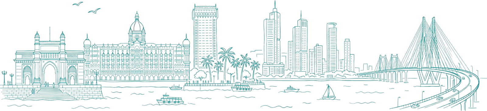 Line illustration of the Mumbai skyline with the Gateway of India and Sea Link